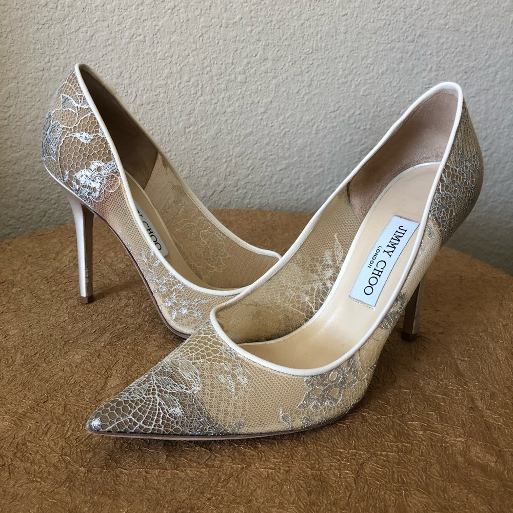 Jimmy Choo Romy 85 white lace pointy toe pumps